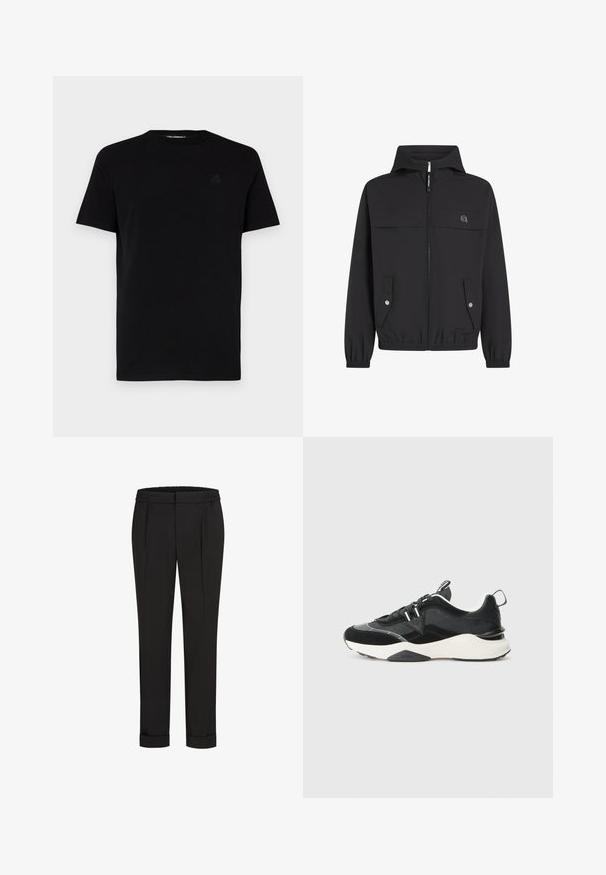 Melna kapucēta jaka ar rāvējslēdzēju, divām priekšējām kabatām, elastīgām piedurknēm un vienkāršu logotipu kreisajā krūtī. Gluds, viegls audums.; Melna īsām piedurknēm T-kreklu, kas izgatavots no kokvilnas, ar apaļu kaklu un nemanāmu izsistā logotipu kreisajā krūtī. Gluda tekstūra.; Melni bikses ar elastīgu jostu, ar taisna piegriezuma dizainu un sarullētām piedurknēm. Izgatavotas no gluda, auduma bez rakstiem.; Melni sporta apavi, kas izgatavoti no samta un acs materiāliem, ar masīvu baltu zoli un atstarotājiem. Iekša ar aukliņu dizainu un cilpu.