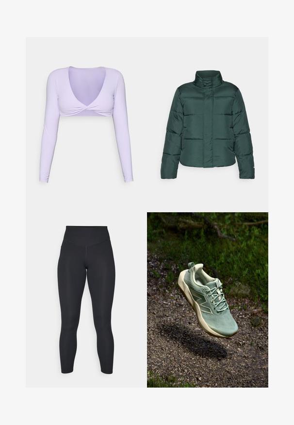 Zelená bundu s páperím, vysokým golierom, predným zipsom a horizontálnym prešívaním. Hladká textúra s kontrastným matným povrchom.; Svjetlý levanduľový krátky top s dlhým rukávom, hlbokým V-výstrihom a prekrúteným predným dizajnom. Vyrobený z hladkej, elastickej tkaniny, ideálny na vrstvenie.; Čierne legíny s vysokým pásom, hladkou textúrou a priliehavým dizajnom. Majú ploché švy a plnú dĺžku pokrytia bez vzorov.; Svetlozelená športová obuv s textúrovaným horným dielom, šnurovacími detailmi a béžovou podrážkou. Obsahuje jemné logo a polstrovaný golier.