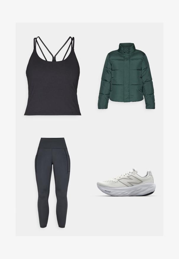 Groene pufferjack met hoge kraag, ritssluiting aan de voorkant en horizontaal gestikte patroon. Glad textuur met contrasterende matte afwerking.; Zwarte tanktop met dunne bandjes en een kruisontwerp op de rug. Gemaakt van zachte, rekbare stof met een aansluitende pasvorm.; Hoge taille zwarte leggings, gemaakt van rekbaar, soepel materiaal. Bevat twee zijzakken en contrasterende stiksels langs de naden.; Witte sportschoenen met een bovenwerk van mesh, voorzien van een gevoerde kraag, een gestructureerde zool en de merknaam "Fresh Foam" op de tussenzool.