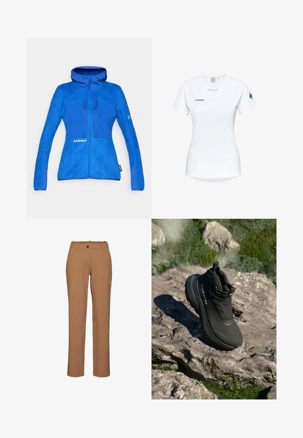 Blå jakke med et struktureret, fleece-lignende materiale og glatte paneler. Inkluderer en hætte, lynlås foran og to lynlås-lommer på brystet.; Kortærmet hvid sportsshirt med rund hals, prydet med et logo på brystet og en glat, let stofstruktur.; Mammut Outdoorbukser - claystone; Sorte vandret støvler med en vandtæt overdel, tekstureret materiale, forstærket ankelstøtte og brandede detaljer. Tykkere sål for godt greb.