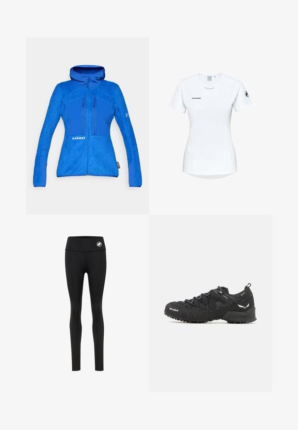 Blauwe jas met een textuur die lijkt op fleece, voorzien van gladde panelen. Inclusief een capuchon, ritssluiting aan de voorkant en twee ritszakken op de borst.; Korte mouwen witte sportshirt met een ronde halslijn, voorzien van een logo op de borst en een gladde, lichte stoftextuur.; Zwarte fitnesslegging met een hoge tailleband, gemaakt van rekbare stof, met een klein wit logo op de taille. Glad textuur over het geheel.; Zwarte wandelschoenen met een bovenkant van textuurstof, een vetersysteem en een robuuste rubberen zool. Verfraaid met reflecterende details en logo's.