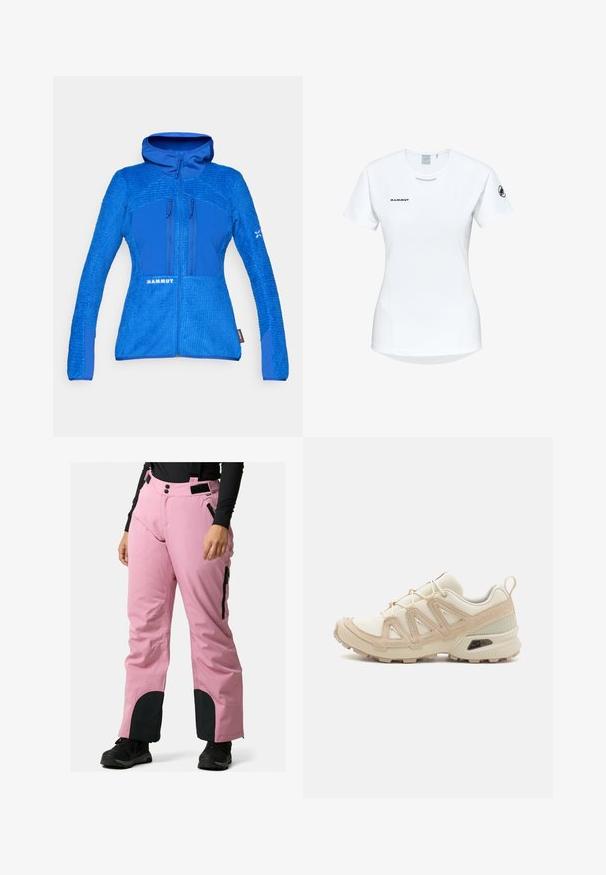 Blauwe jas met een textuur die lijkt op fleece, voorzien van gladde panelen. Inclusief een capuchon, ritssluiting aan de voorkant en twee ritszakken op de borst.; Korte mouwen witte sportshirt met een ronde halslijn, voorzien van een logo op de borst en een gladde, lichte stoftextuur.; Roze waterdichte skibroek met verstelbare banden, ritszakken en contrasterende zwarte accenten op de boorden en de tailleband. Soepele textuur.; Beige en crème sportschoen met een textuur-mesh bovenwerk, ondersteunende overlays en een rubberen zool met een profielpatroon voor grip.