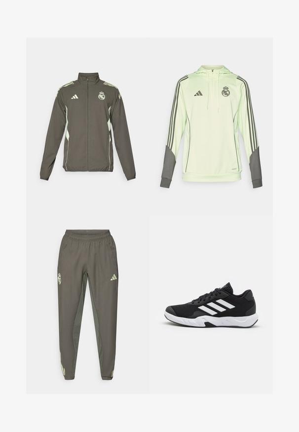 Gray jacket featuring a high collar, full zip, and light green accents. Includes the Adidas logo and a crest design on the chest.; Light green hooded sweatshirt with grey accents, featuring three black stripes on sleeves, Adidas logo, and Real Madrid crest.; Gray athletic pants with an elastic waistband, featuring a textured finish and contrasting green side accents. Includes a logo detail.; Black athletic shoes with a textured mesh upper, white accent stripes, a cushioned sole, and a reinforced heel for support.