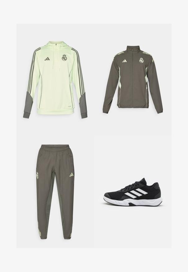 Hallhall jakk, millel on kõrge kaelus, täispikk tõmblukk ja heledat roheline aktsendid. Sisaldab Adidas logo ja rinnapadja disaini.; Hele roheline kapuutsiga särk hallide aktsentidega, millel on käistel kolm musta triipu, Adidas'i logo ja Real Madrid'i vapp.; Hallid hallid spordipüksid elastse vöökohtaga, millel on tekstuurne viimistlus ja kontrastsete roheliste küljeaktsentidega. Sisaldab logo detaili.; Mustad mustosportlikud jalanõud, millel on tekstuuriga võrkpealne, valged aksenttriibud, pehme tallaga ja tugevdatud konts toe jaoks.