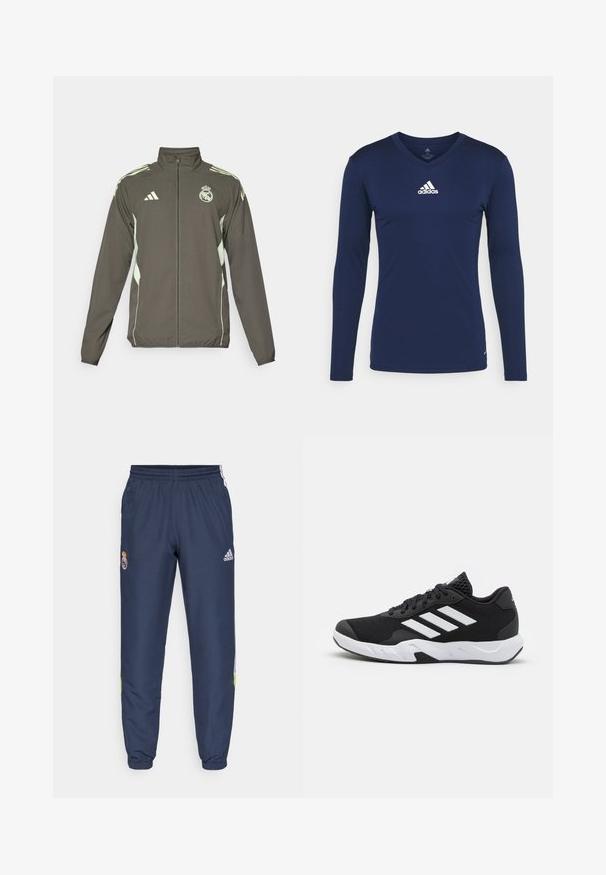 Grå jakke med høy krage, hel glidelås og lysegrønne detaljer. Inkluderer Adidas-logoen og et skjolddesign på brystet.; Marine langermet treningsskjorte laget av teksturert stoff med V-hals og hvit Adidas-logo på brystet. Enkel design, tettsittende fasong.; Marineblå idrettsbukser med elastisk midje, sidestriper i hvit og limegrønn, og brodert Real Madrid-logo på venstre lår.; Sorte joggesko med teksturert mesh-overdel, hvite aksentstriper, en polstret såle og en forsterket hæl for støtte.