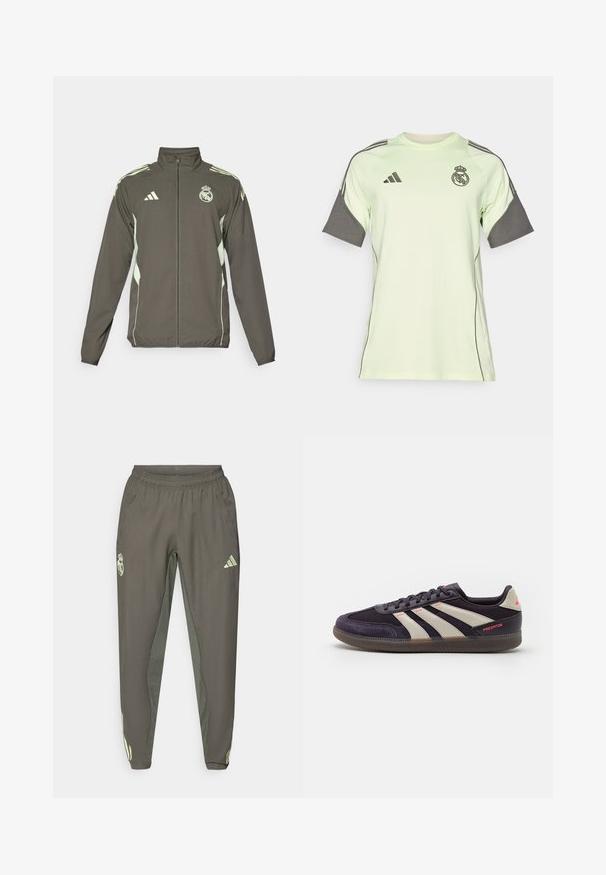 Hallhall jakk, millel on kõrge kaelus, täispikk tõmblukk ja heledat roheline aktsendid. Sisaldab Adidas logo ja rinnapadja disaini.; Hele rohelise lühikeste varrukatega särk hallide aktsentidega, musta logo ja triipudega. Valmistatud hingavast materjalist, mõeldud sportimiseks.; Hallid hallid spordipüksid elastse vöökohtaga, millel on tekstuurne viimistlus ja kontrastsete roheliste küljeaktsentidega. Sisaldab logo detaili.; adidas Performance PREDATOR FREESTYLE INDOOR - Muru jalgpallisaapad - aurora black/alumina/turbo