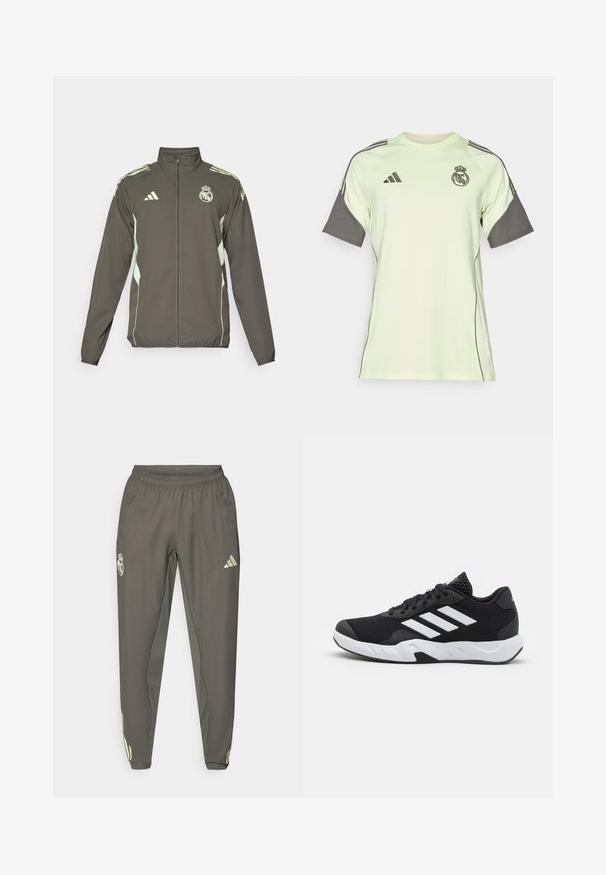 Szara kurtka z wysokim kołnierzem, pełnym zamkiem i jasnos zielonymi akcentami. Zawiera logo Adidas oraz wzór herbu na piersi.; Jasnozielony t-shirt z krótkim rękawem z szarymi akcentami, czarnym logo i paskami. Wykonany z oddychającego materiału, zaprojektowany z myślą o odzieży sportowej.; Szare spodnie sportowe z elastycznym pasem, o teksturowanym wykończeniu i kontrastującymi zielonymi akcentami po bokach. Zawierają detal z logo.; Czarne buty sportowe z teksturowaną siateczką u góry, białymi paskami akcentującymi, amortyzującą podeszwą i wzmocnionym piętą dla wsparcia.