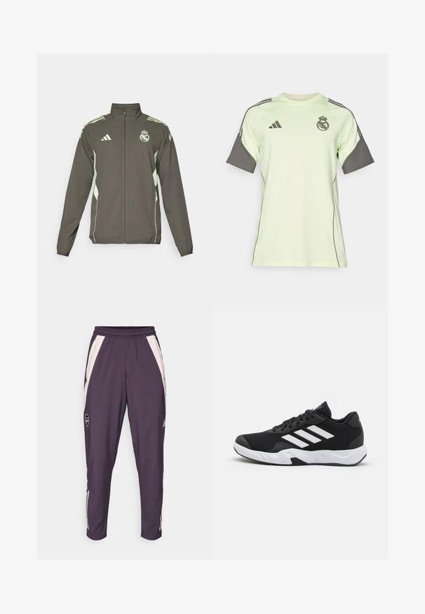 Chaqueta gris con un alto cuello, cierre completo y acentos en verde claro. Incluye el logo de Adidas y un diseño de escudo en el pecho.; Jersey de manga corta verde claro con acentos grises, logo negro y franjas. Hecho de material transpirable, diseñado para prendas deportivas.; Pantalones deportivos de color púrpura oscuro con rayas laterales blancas y cintura elástica. Presenta un pequeño logo cerca del muslo izquierdo. Tela suave y ligera.; Zapatillas deportivas negras con una parte superior de malla texturizada, rayas de acento blancas, suela acolchada y talón reforzado para mayor soporte.