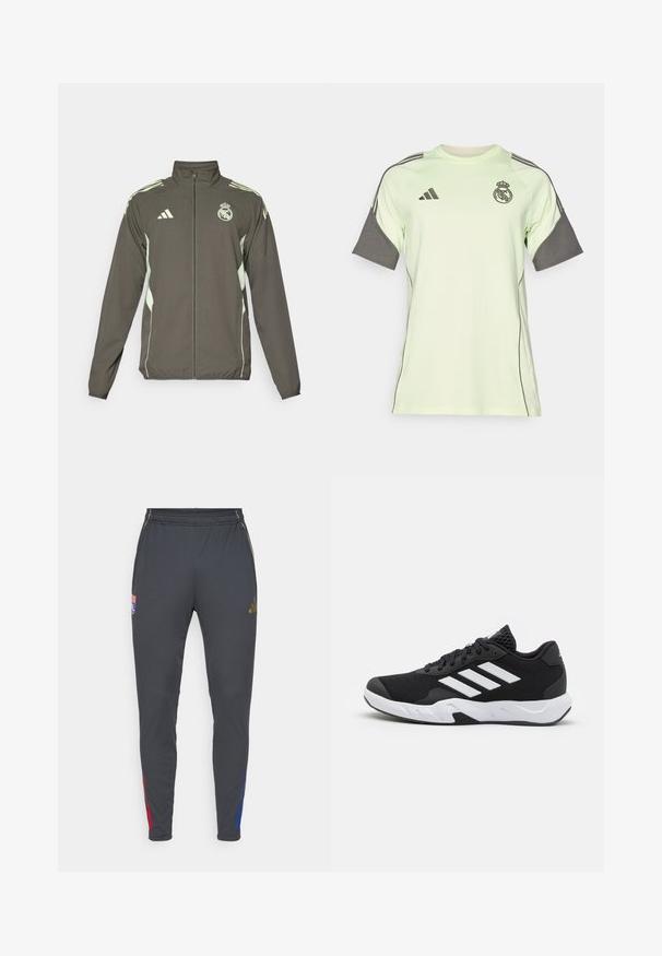 Pelēks žakets ar augstu apkakli, pilnu rāvējslēdzēju un gaiši zaļiem akcentiem. Iekļauta Adidas logo un emblēmas dizains uz krūtīm.; Gaiši zaļa īsām piedurknēm izstrādāta džersija ar pelēkiem akcentiem, melnu logotipu un svītrām. Izgatavota no elpojoša materiāla, paredzēta sporta apģēram.; Pelēkas sporta bikses ar šauru piegriezumu, kurām ir sarkanās un zilās sānu akcenti, elastīga josta un izšūta logotipa uzlīme priekšpusē.; Melnas sporta kurpes ar teksturētu acu augšdaļu, baltām akcentu svītrām, mīkstu zoli un pastiprinātu papēdi atbalstam.