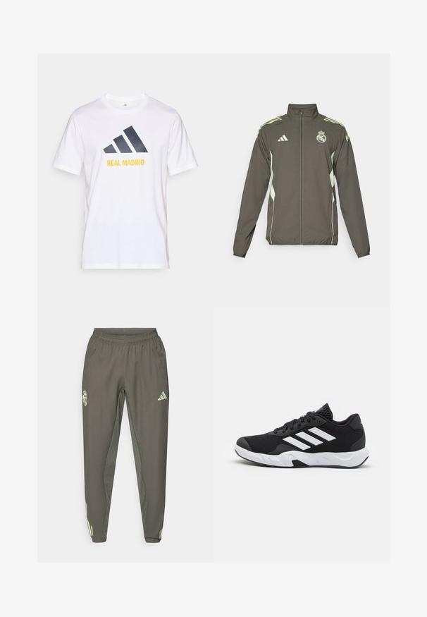 Casaco cinza com gola alta, fecho de correr completo e realces em verde claro. Inclui o logotipo da Adidas e um desenho de brasão no peito.; Camiseta de algodão branca com o logótipo da Adidas em azul marinho e "REAL MADRID" impresso em amarelo abaixo do logótipo. Mangas curtas, design de decote redondo.; Calças de desporto cinzentas com cintura elástica, apresentando um acabamento texturizado e detalhes laterais verdes em contraste. Inclui um detalhe de logotipo.; Tenis negros desportivos com um superior em malha texturizada, riscas brancas de destaque, sola acolchoada e um calcanhar reforçado para suporte.