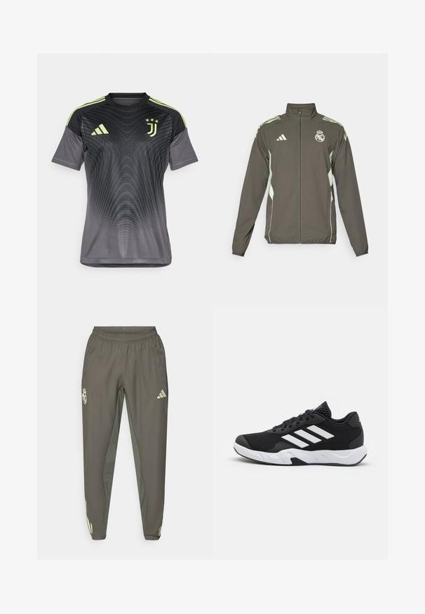 Sivina jakna z visokim ovratnikom, polnim zadrgo in svetlo zelenimi detajli. Vključuje logotip Adidas in grbni dizajn na prsih.; Siva atletska majica z gradientnim dizajnom, z črnimi rokavi, tremi zelenimi črtami na ramenih in logotipom Juventusa.; Sive atletske hlače z elastičnim pasom, z teksturirano površino in kontrastnimi zelenimi stranskimi akcenti. Vsebujejo detajl z logotipom.; Črne atletske čevlje z strukturiranim mrežastim zgornjim delom, belimi poudarnimi črtami, oblazinjenim podplatom in ojačanim petnim delom za podporo.