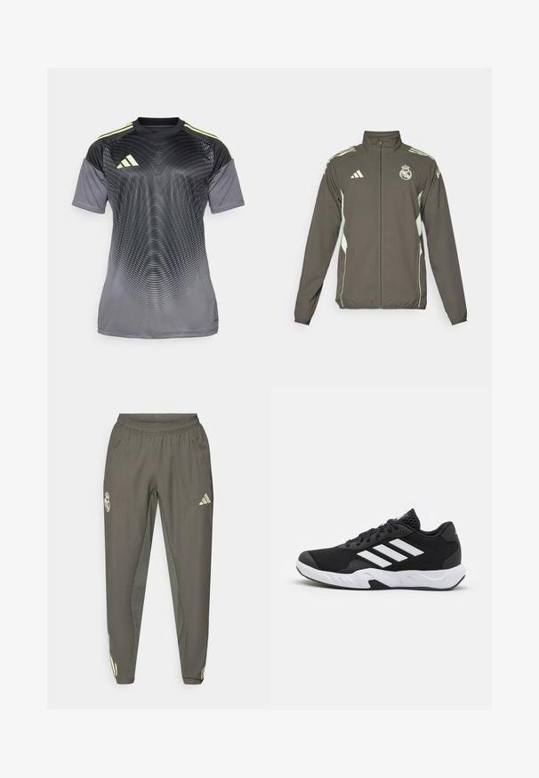 Pilkas švarkas su aukšta apykakle, visišku užtrauktuku ir šviesiai žaliais akcentais. Įtrauktas Adidas logotipas ir herbo dizainas krūtinėje.; Trumpa rankovėmis sportinė marškinė tamsiai pilkos spalvos su spiraliniu raštu, pagaminta iš drėgmės sugėrimo medžiagos. Savybės: žalia-limoninė detalės ir juodas apykaklės kraštas.; Pilki sportiniai džinsai su elastingu juosmeniu, pasižymintys tekstūruotu paviršiumi ir kontrastingais žaliais šonų akcentais. Įtraukta logotipo detalė.; Juodi sportiniai batai su tekstūruotu tinkliniu paviršiumi, baltais akcentų dryžiais, paminkštintu padu ir sustiprintu kulnu paramai.