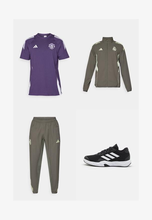 Giacca grigia con colletto alto, zip completa e dettagli verde chiaro. Include il logo Adidas e un design a stemma sul petto.; Maglia sportiva viola con dettagli bianchi, caratterizzata da maniche corte, collo tondo e il logo del Manchester United sul petto. Realizzata in tessuto leggero.; Pantaloni sportivi grigi con cintura elastica, caratterizzati da una finitura testurizzata e dettagli laterali verdi a contrasto. Include un dettaglio con logo.; Scarpe da ginnastica nere con una tomaia in mesh texturizzata, strisce bianche di accento, suola imbottita e tallone rinforzato per supporto.