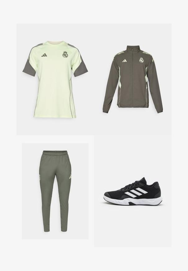 Veste grise avec un col montant, fermeture éclair intégrale et accents vert clair. Comprend le logo Adidas et un design d'écusson sur la poitrine.; Maillot vert clair à manches courtes avec des accents gris, logo noir et rayures. Fabriqué en matériau respirant, conçu pour les vêtements de sport.; Pantalons de survêtement vert olive à coupe slim, avec une ceinture élastique et des poches latérales. Présente un logo sur la cuisse gauche et des accents contrastants.; Baskets de sport noires avec une tige en mesh texturé, des rayures blanches, une semelle rembourrée et un talon renforcé pour le soutien.