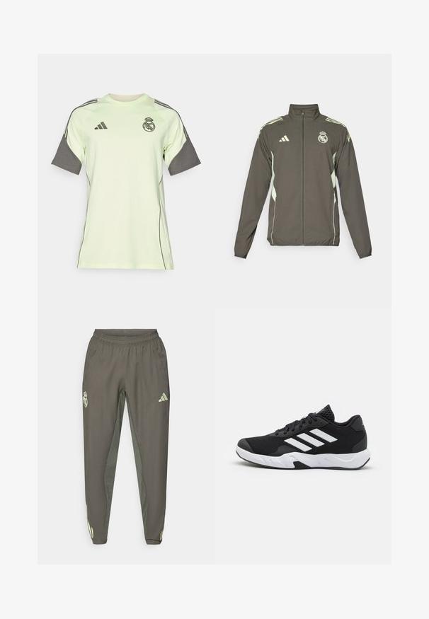 Pilkas švarkas su aukšta apykakle, visišku užtrauktuku ir šviesiai žaliais akcentais. Įtrauktas Adidas logotipas ir herbo dizainas krūtinėje.; Šviesiai žalia trumpų rankovių maikutė su pilkais akcentais, juodu logotipu ir juostelėmis. Pagaminta iš kvėpuojančios medžiagos, skirta sportinei aprangai.; Pilki sportiniai džinsai su elastingu juosmeniu, pasižymintys tekstūruotu paviršiumi ir kontrastingais žaliais šonų akcentais. Įtraukta logotipo detalė.; Juodi sportiniai batai su tekstūruotu tinkliniu paviršiumi, baltais akcentų dryžiais, paminkštintu padu ir sustiprintu kulnu paramai.