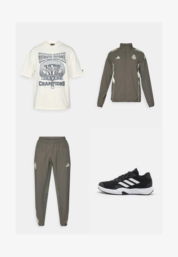 Pilkas švarkas su aukšta apykakle, visišku užtrauktuku ir šviesiai žaliais akcentais. Įtrauktas Adidas logotipas ir herbo dizainas krūtinėje.; Kremo spalvos trumpomis rankovėmis marškinėliai su pilku vintage Super Bowl grafiku, tekstais "Raiders" ir "Champions", bei laisvu siluetu.; Pilki sportiniai džinsai su elastingu juosmeniu, pasižymintys tekstūruotu paviršiumi ir kontrastingais žaliais šonų akcentais. Įtraukta logotipo detalė.; Juodi sportiniai batai su tekstūruotu tinkliniu paviršiumi, baltais akcentų dryžiais, paminkštintu padu ir sustiprintu kulnu paramai.