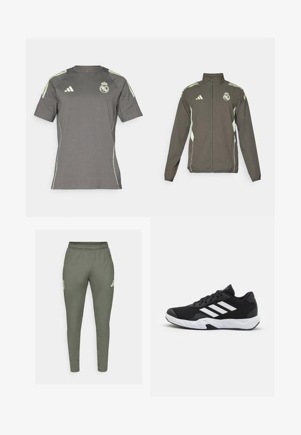 Giacca grigia con colletto alto, zip completa e dettagli verde chiaro. Include il logo Adidas e un design a stemma sul petto.; Maglietta atletica grigia realizzata in tessuto leggero. Presenta accenti verde lime, maniche corte e il logo del Real Madrid sul petto.; Pantaloni da jogging verde oliva con una vestibilità slim, vita elasticizzata e tasche laterali. Presentano un logo sulla coscia sinistra e dettagli a contrasto.; Scarpe da ginnastica nere con una tomaia in mesh texturizzata, strisce bianche di accento, suola imbottita e tallone rinforzato per supporto.
