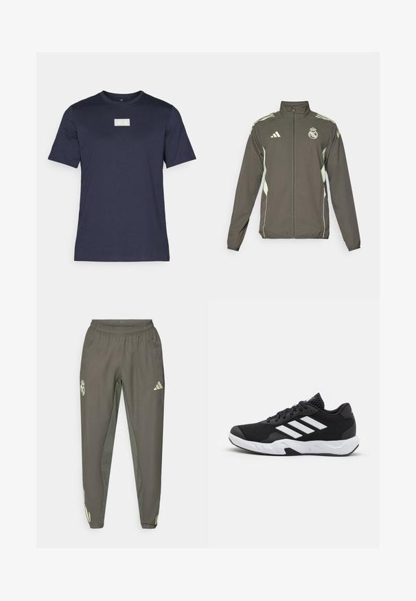 Graue Jacke mit hohem Kragen, durchgehendem Reißverschluss und hellgrünen Akzenten. Enthält das Adidas-Logo und ein Wappen-Design auf der Brust.; Marineblaue Kurzarm-T-Shirt aus weichem Stoff, mit einem rechteckigen Logo in hellgelb im oberen Brustbereich.; Graue Sporthosen mit einem elastischen Bund, die eine strukturierte Oberfläche und kontrastierende grüne Seitenakzente aufweisen. Enthält ein Logodetail.; Schwarze Sportschuhe mit einem strukturierten Mesh-Obermaterial, weißen Akzentstreifen, einer gepolsterten Sohle und einer verstärkten Ferse für Unterstützung.