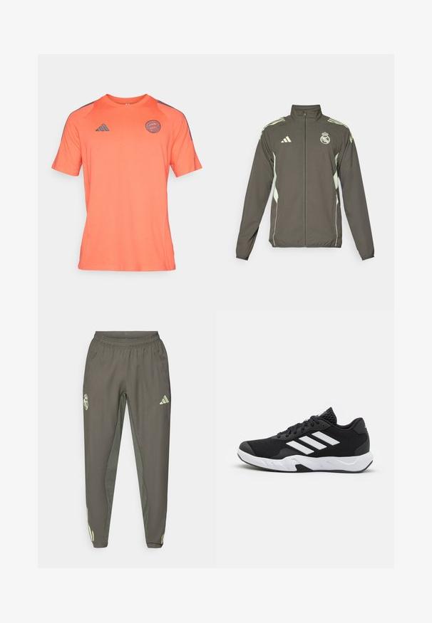 Giacca grigia con colletto alto, zip completa e dettagli verde chiaro. Include il logo Adidas e un design a stemma sul petto.; Maglietta atletica a maniche corte in rosa-arancio realizzata in tessuto morbido, con scollo rotondo e dettagli grigio scuro sulle spalle e sul logo.; Pantaloni sportivi grigi con cintura elastica, caratterizzati da una finitura testurizzata e dettagli laterali verdi a contrasto. Include un dettaglio con logo.; Scarpe da ginnastica nere con una tomaia in mesh texturizzata, strisce bianche di accento, suola imbottita e tallone rinforzato per supporto.