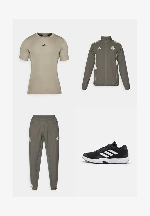 Harmaa takki, jossa on korkea kaulus, koko vetoketju ja vaaleanvihreät yksityiskohdat. Takissa on Adidas-logo ja vaakunasuunnittelu rinnassa.; Lyhythihainen urheilu-toppi, joka on tiukasti istuva ja vaaleanbeige. Valmistettu sileästä ja joustavasta materiaalista. Rintakehässä musta logo ja pyöreä kaula-aukko.; Harmaat urheiluhousut, joissa on joustava vyötärö, karhean pinnan ja erottuvan vihreän sivuvärityksen yksityiskohdat. Mukana logo.; Mustat urheilukengät, joissa on teksturoitu verkkomateriaali yläosassa, valkoiset korostusraidat, pehmustettu pohja ja vahvistettu kanta tuen vuoksi.