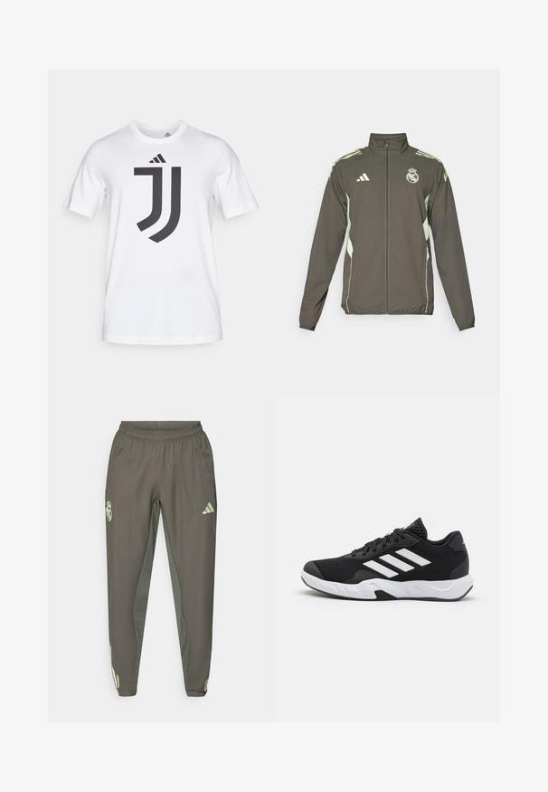 Grå jakke med høy krage, hel glidelås og lysegrønne detaljer. Inkluderer Adidas-logoen og et skjolddesign på brystet.; Hvit bomulls t-skjorte med korte ermer som har et stort svart Juventus-logo på fronten. Rund hals, standard passform.; Grå treningsbukser med elastisk midje, med en teksturert overflate og kontrasterende grønne sideaksenter. Inkluderer logo-detalj.; Sorte joggesko med teksturert mesh-overdel, hvite aksentstriper, en polstret såle og en forsterket hæl for støtte.