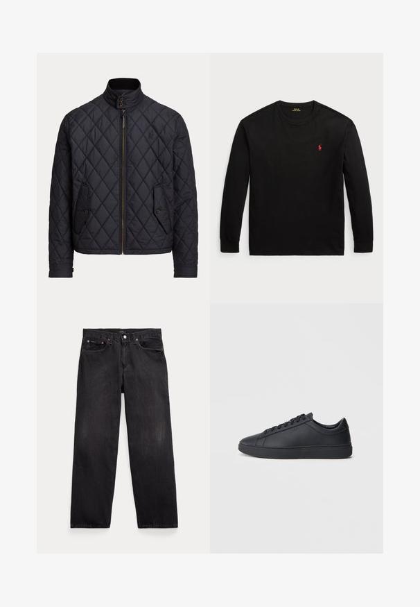 Casaco acolchoado azul escuro com gola alta, fecho de zip e dois bolsos frontais com detalhes de botão. Material leve de nylon.; Camisola de manga longa preta feita de algodão. Apresenta um colarinho redondo, punhos canelados e um pequeno logo bordado vermelho no peito. Textura suave.; Calças de ganga pretas com um corte descontraído, apresentando cinco bolsos, um fecho de botão e um efeito de desbotamento subtil em todo o tecido.; Ténis pretos feitos de couro liso com um design de cano baixo, bico redondo e sola de borracha plana. Apresentam atacadores e uma marcação discreta.