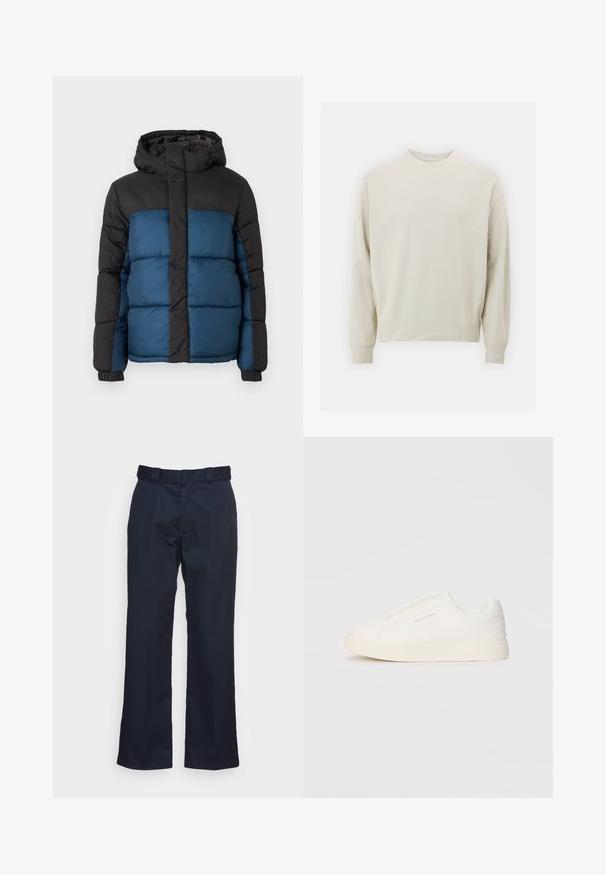 Párnázott kabát fekete kapucnival és felső résszel, kék alsó résszel. A dizájn vízszintesen varrott panelekből és elasztikus mandzsettákból áll.; Világos bézs színű pulóver, puha anyagból, kerek nyakkivágással, hosszú ujjal, bordás mandzsettával és aljjal. Minimalista dizájn, nem látható minták.; Tengerészkék nadrág egyenes szár kialakítással, sima anyagból készült, standard derékrésszel és látható minták vagy hardver nélkül.; Fehér slip-on sportcipők texturált felülettel, vastag talppal és minimalista dizájnnal. Az oldalon a márka logója található.