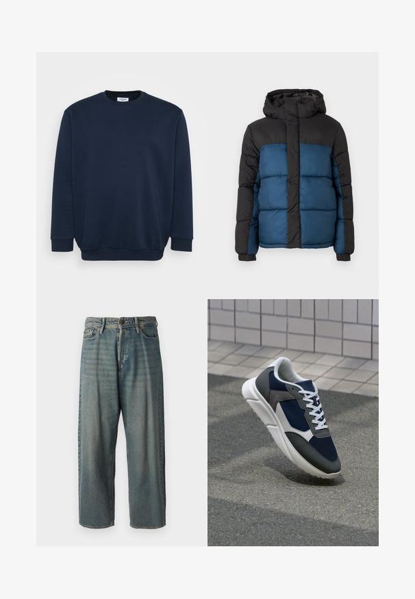 Pufota jaka ar melnu kapuci un augšējo daļu, kas aprīkota ar zilu apakšējo daļu. Dizainu veido horizontāli šūti paneļi un elastīgas aproces.; Tumši zils džemperis, izgatavots no mīksta kokvilnas maisījuma, ar apaļu kakla izgriezumu, garām piedurknēm un ribotām aprocēm un apakšmalu. Minimālistisks dizains bez rakstiem.; Gaiši zili džinsi ar brīvu piegriezumu, vidējo jostas augstumu un taisnām kājām. Satur piecas kabatas, jostas cilpas un pogu aizdari.; Sporta apavi ar tumši zilas krāsas tīkla augšdaļu, pelēku zamšādas akcentiem, baltu gumijas zoli un plakaniem baltiem šņorēm, kas izstrādāti komfortam un elpojamībai.