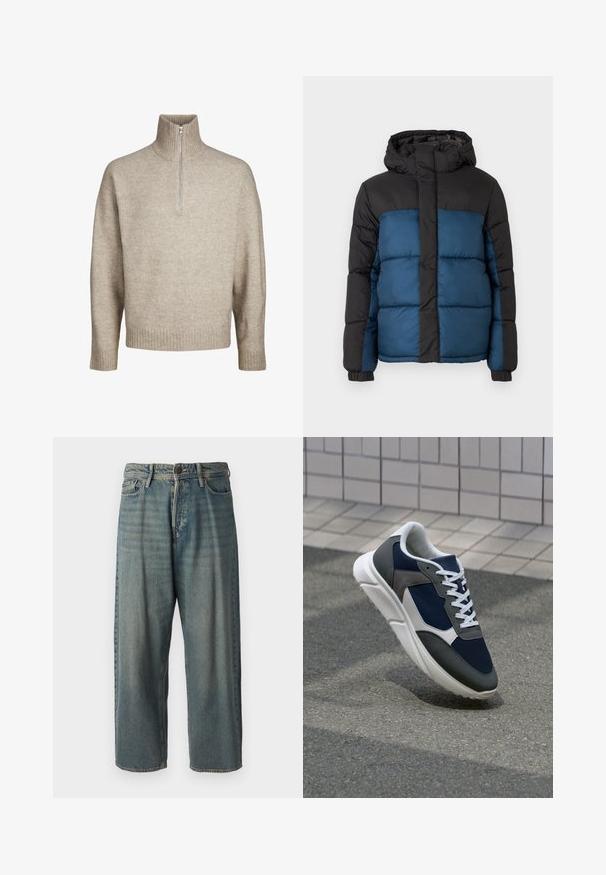Padded jacket z czarnym kapturem i górną częścią, charakteryzująca się niebieską dolną częścią. Projekt zawiera poziomo przeszywane panele oraz elastyczne mankiety.; Jack & Jones JOROLLIE beżowy; Jasnoniebieskie dżinsy o luźnym kroju, średnim stanie i prostych nogawkach. Posiadają pięć kieszeni, szlufki na pasek oraz zapięcie na guzik.; Sneakers z granatową siateczkową cholewką, szarymi zamszowymi akcentami, białą gumową podeszwą i płaskimi białymi sznurówkami, zaprojektowane z myślą o komforcie i wentylacji.