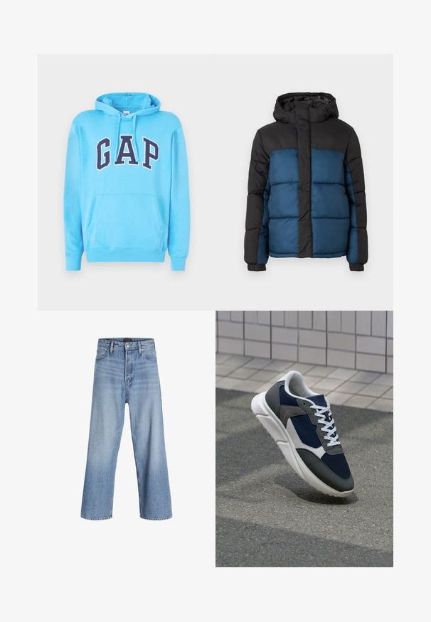 Giacca imbottita con cappuccio nero e parte superiore nera, caratterizzata da una parte inferiore blu. Il design include pannelli cuciti orizzontali e polsini elastici.; Felpa blu cielo realizzata in morbido tessuto, con tasca a marsupio e cappuccio regolabile con cordino. Logo "GAP" in grassetto navy sulla parte anteriore.; Jeans a palazzo in denim blu chiaro con vita alta, dotati di chiusura a bottoni, design a cinque tasche e un leggero effetto sbiadito. Orli puliti.; Sneaker con tomaia in rete blu navy, inserti in suede grigio, suola in gomma bianca e lacci bianchi piatti, progettata per comfort e traspirabilità.