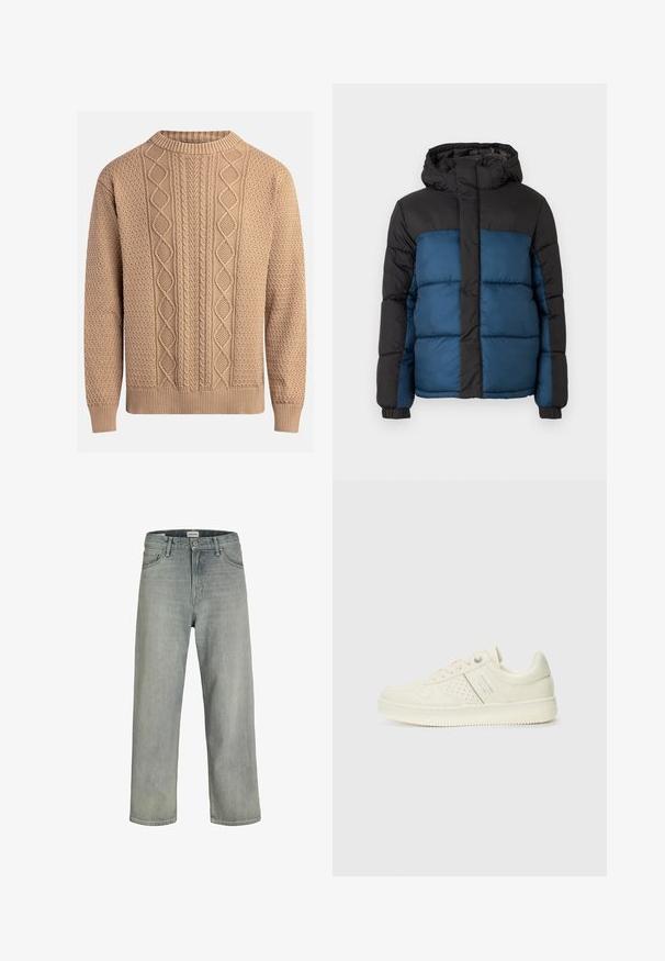 Polstret jakke med en sort hætte og øverste sektion, prydet med en blå nederste sektion. Designet inkluderer horisontalt syede paneler og elastiske manchetter.; Striktrøje i beige med strukturerede mønstre. Har rund hals, ribkantede ærmer og varierende kabelstrikdesigns på forsiden.; Lysegrå, løstsiddende jeans lavet af denim. Har et klassisk fem-lomme design, bæltestropper og en lige ben silhuet.; Cremefarvet sneaker med perforeret detaljering, snørebånd og logo på siden, præsenteret mod en simpel hvid baggrund.
