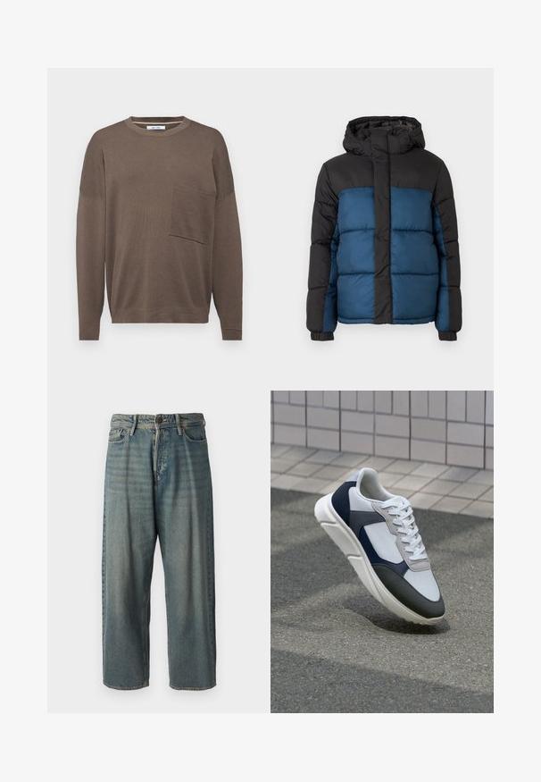 Padded jacket with a black hood and upper section, featuring a blue lower section. The design includes horizontal stitched panels and elastic cuffs.; Brown long-sleeve sweater with a round neck, featuring a front pocket and a textured knit design. The fit is relaxed and the sleeves are slightly dropped.; Light blue denim jeans with a loose fit, mid-rise waist, and straight legs. Features five pockets, belt loops, and a button closure.; White, navy, and gray sneaker with a mixed material design, featuring a textured upper, flat laces, and a cushioned sole.