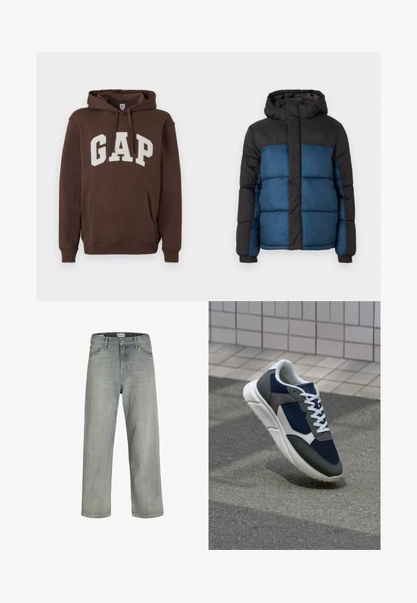 Casaco acolchoado com capuz preto e parte superior, apresentando uma parte inferior azul. O design inclui painéis horizontais acolchoados e punhos elásticos.; Sweatshirt castanho com o logótipo "GAP" em branco, apresentando um bolso frontal, capuz com cordão e punhos e bainha canelados. Textura de tecido macio.; Jeans soltos de cor cinza claro feitos de denim. Apresentam um design clássico de cinco bolsos, passadores para cinto e uma silhueta de perna reta.; Sapatilha com parte superior em malha azul-marinho, detalhes em camurça cinza, sola de borracha branca e atacadores brancos planos, projetada para conforto e respirabilidade.