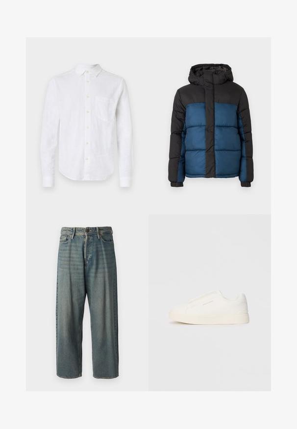 Casaco acolchoado com capuz preto e parte superior, apresentando uma parte inferior azul. O design inclui painéis horizontais acolchoados e punhos elásticos.; Camisa de linho branca de manga longa com colarinho abotoado, bolso frontal e botões perolados. Apresenta uma bainha curva e um tecido texturizado.; Jeans de ganga azul claro com um corte solto, cintura média e pernas retas. Apresenta cinco bolsos, passadores de cinto e fecho com botão.; Sapatilhas brancas de atacar com uma superfície texturizada, sola grossa e design minimalista. Possui o logo da marca na lateral.