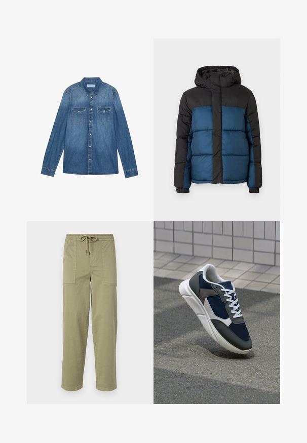 Paminkštintas švarkas su juodu gobtuvu ir viršutine dalimi, pasižymintis mėlyna apatine dalimi. Dizainą sudaro horizontalūs siuvimo segmentai ir elastiniai rankogaliai.; Tamsiai mėlynas džinsinis marškinis su ilgomis rankovėmis, klasikinis apykaklė, mygtukų priekyje, dvi krūtinės kišenės ir kontrastingi siūlai siūlėse.; Šviesiai alyvuogių žalios spalvos kelnės, pagamintos iš medvilnės mišinio, su elastingu liemeniu ir raišteliu, bei dviem didelėmis šoninėmis kišenėmis.; Sportiniai bateliai su tamsiai mėlynu tinkliniu viršumi, pilkais zomšiniais akcentais, balta guma padanga ir plokščiomis baltomis raištelėmis, sukurti komfortui ir oro pralaidumui.