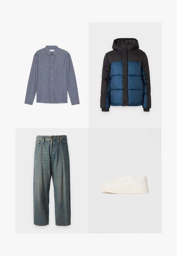 Padded jacket z czarnym kapturem i górną częścią, charakteryzująca się niebieską dolną częścią. Projekt zawiera poziomo przeszywane panele oraz elastyczne mankiety.; Niebieska i brązowa koszula w kratę z długim rękawem, z wywijanym kołnierzykiem, z przodu zapinana na guziki i z pojedynczymi mankietami. Miękka tkanina, regularny krój.; Jasnoniebieskie dżinsy o luźnym kroju, średnim stanie i prostych nogawkach. Posiadają pięć kieszeni, szlufki na pasek oraz zapięcie na guzik.; Białe sneakersy wsuwane z teksturowanej powierzchni, grubą podeszwą i minimalistycznym designem. Zawierają logo marki z boku.