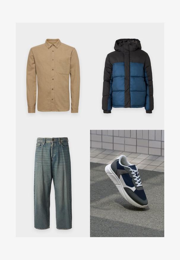 Padded jacket s čiernou kapucňou a hornou časťou, s modrou spodnou časťou. Dizajn obsahuje horizontálne prešité panely a elastické manžety.; Only & Sons ONSGUDMUND SOLID - Košeľa - chinchilla; Svetlomodré denimové nohavice so voľným strihom, stredne vysokým pásom a rovnými nohavicami. Obsahujú päť vreciek, pútka na opasok a zapínanie na gombík.; Tenisky s sieťovinou v námorníckej modrej farbe, so sivými semišovými detailmi, bielou gumovou podrážkou a plochými bielymi šnúrkami, navrhnuté pre pohodlie a priedušnosť.