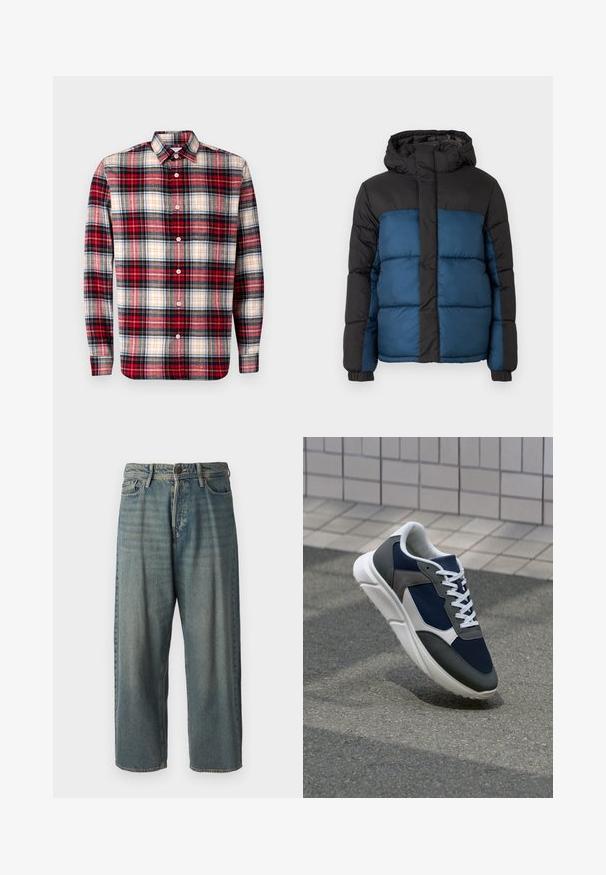 Veste matelassée avec une capuche noire et une partie supérieure noire, dotée d'une partie inférieure bleue. Le design comprend des panneaux cousus horizontalement et des poignets élastiques.; GAP STANDARD - Chemise - multi coloured; Jeans en denim bleu clair avec une coupe ample, taille mi-haute et jambes droites. Comprend cinq poches, des passants de ceinture et une fermeture à bouton.; Baskets avec une tige en mesh bleu marine, des accents en suède gris, une semelle en caoutchouc blanc et des lacets plats blancs, conçues pour le confort et la respirabilité.