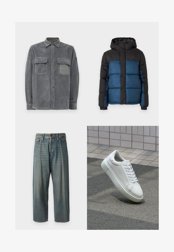 Podložena jakna s črno kapuco in zgornjim delom ter modrim spodnjim delom. Oblikovanje vključuje horizontalno šivane panele in elastične manšete.; Siva korduri srajca z gumbastim zapiranjem spredaj, dvema žepoma na prsih in teksturirano površino z navpičnimi rebri.; Svetlomoderne kavbojke z ohlapnim krojem, srednjim pasom in ravnimi nogami. Imajo pet žepov, zanke za pas in zapiranje na gumb.; Bela usnjena teniska obutev z gladko površino, okroglo konico in ravnimi belimi vezalkami. Ima teksturiran gumijast podplat in minimalne oblikovalske elemente.
