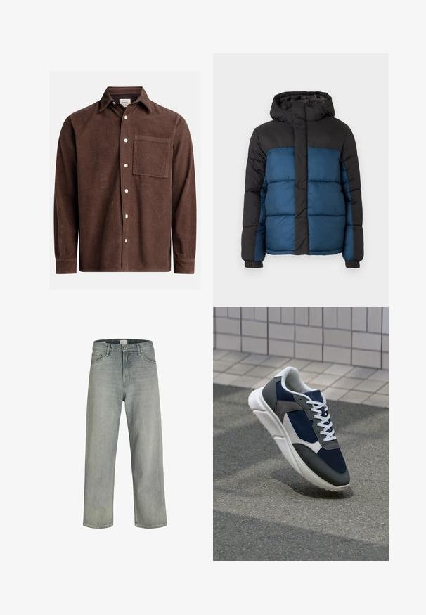 Padded jacket with a black hood and upper section, featuring a blue lower section. The design includes horizontal stitched panels and elastic cuffs.; Brown corduroy shirt featuring a button-down collar, front pocket, white buttons, and long sleeves with buttoned cuffs. Textured fabric detail.; Light gray, loose-fitting jeans made of denim. Features a classic five-pocket design, belt loops, and a straight leg silhouette.; Sneaker featuring a navy blue mesh upper, gray suede accents, white rubber sole, and flat white laces, designed for comfort and breathability.