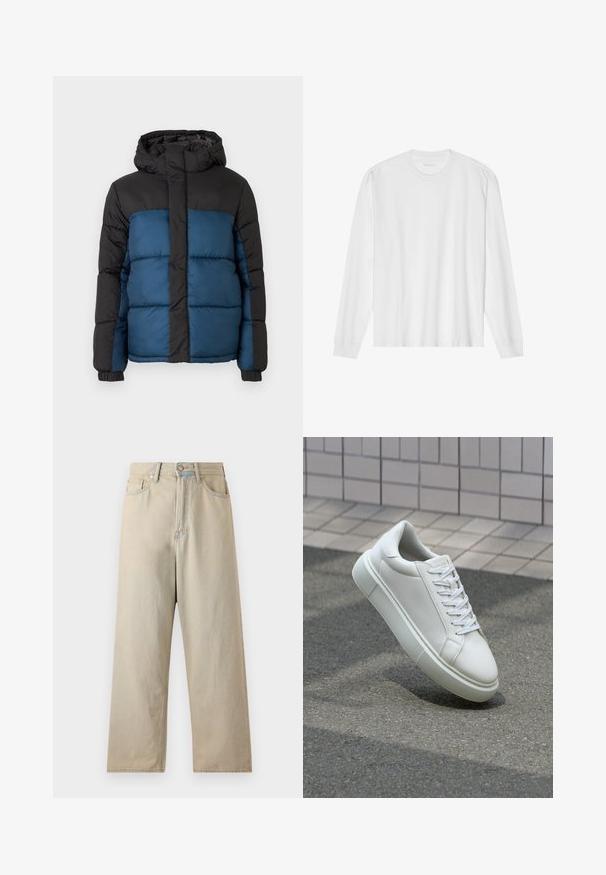 Padded jacket with a black hood and upper section, featuring a blue lower section. The design includes horizontal stitched panels and elastic cuffs.; Long-sleeve white cotton t-shirt with a crew neck and ribbed cuffs. Simple, unembellished design, featuring smooth texture and standard fit.; Light beige wide-leg jeans with a high waist, made of denim fabric. Features classic five-pocket styling and subtle fading.; White leather sneaker with a smooth surface, round toe, and flat white laces. Features a textured rubber sole and minimal design elements.