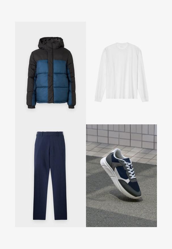 Podložena jakna s črno kapuco in zgornjim delom ter modrim spodnjim delom. Oblikovanje vključuje horizontalno šivane panele in elastične manšete.; Bela bombažna majica z dolgimi rokavi in posadnim izrezom ter rebrastimi manšetami. Preprost, neokrašen dizajn, ki se ponaša z gladko teksturo in standardnim krojem.; Modre hlače iz strukturirane tkanine, s pravo linijo, z obročki za pas in sprednjimi žepi za funkcionalnost.; Superge z zgornjim delom iz mrežaste tkanine v mornarsko modri barvi, sivi usnjeni poudarki, belo gumijasto podplato in ravnimi belimi vezalkami, zasnovane za udobje in zračnost.