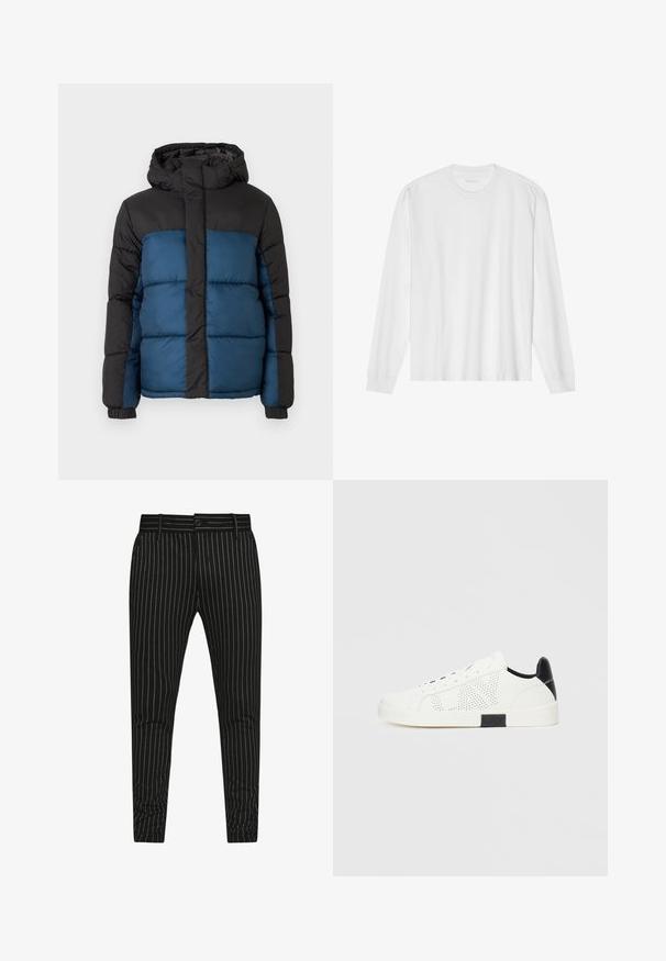 Polstret jakke med svart hette og øverste del, med en blånedre del. Designet inkluderer horisontale sømmer og elastiske mansjetter.; Langarmet hvit t-skjorte i bomull med rund hals og ribbestrikkede mansjetter. Enkelt, uornamentert design med glatt tekstur og standard passform.; Svarte stripete bukser med vertikale hvite pinstriper, slim fit design, og knappelukking med beltehemper for justerbar størrelsesjustering.; Hvite sneakers med perforert design, svart hælaccent og hvit gummisåle. Har snørebånd og logo på siden. Glatt lærtekstur.