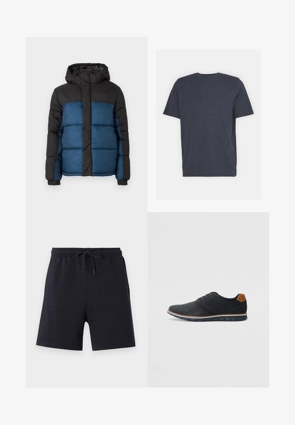 Casaco acolchoado com capuz preto e parte superior, apresentando uma parte inferior azul. O design inclui painéis horizontais acolchoados e punhos elásticos.; T-shirt de gola redonda azul marinho, feita de um tecido macio em mistura de algodão, com mangas curtas e um corte regular. Sem padrões ou detalhes visíveis.; Calções de algodão pretos com cintura elástica e cordão, apresentando um design simples e uma textura lisa.; Sapatos sintéticos pretos com um upper texturizado, pormenores lisos, salto castanho e uma sola contrastante. Apresentam um sistema de atacadores mínimo e detalhes de costura.