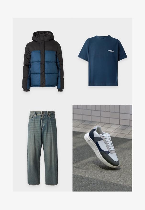 Padded jacket with a black hood and upper section, featuring a blue lower section. The design includes horizontal stitched panels and elastic cuffs.; Navy blue cotton t-shirt with short sleeves and a round neckline. Features a small white logo on the left chest area. Soft texture.; Light blue denim jeans with a loose fit, mid-rise waist, and straight legs. Features five pockets, belt loops, and a button closure.; White, navy, and gray sneaker with a mixed material design, featuring a textured upper, flat laces, and a cushioned sole.