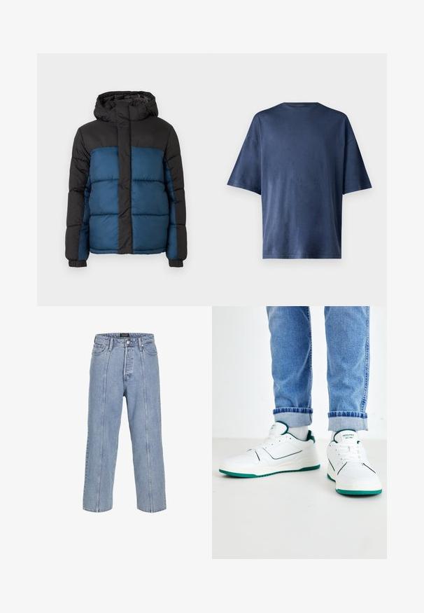 Chaqueta acolchada con capucha negra y sección superior, presentando una sección inferior azul. El diseño incluye paneles cosidos horizontalmente y puños elásticos.; Camiseta de manga corta azul marino, hecha de una tela suave, con un cuello redondo clásico y un corte relajado, sin patrones ni acentos visibles.; Vaqueros de mezclilla de color azul claro con un corte suelto, piernas anchas y detalles de costura visibles. Cuenta con un cierre de botón y cremallera, y cinco bolsillos.; Zapatillas deportivas blancas con un acabado de cuero suave, acentos verdes en la suela y el talón, y detalles texturizados en los laterales.