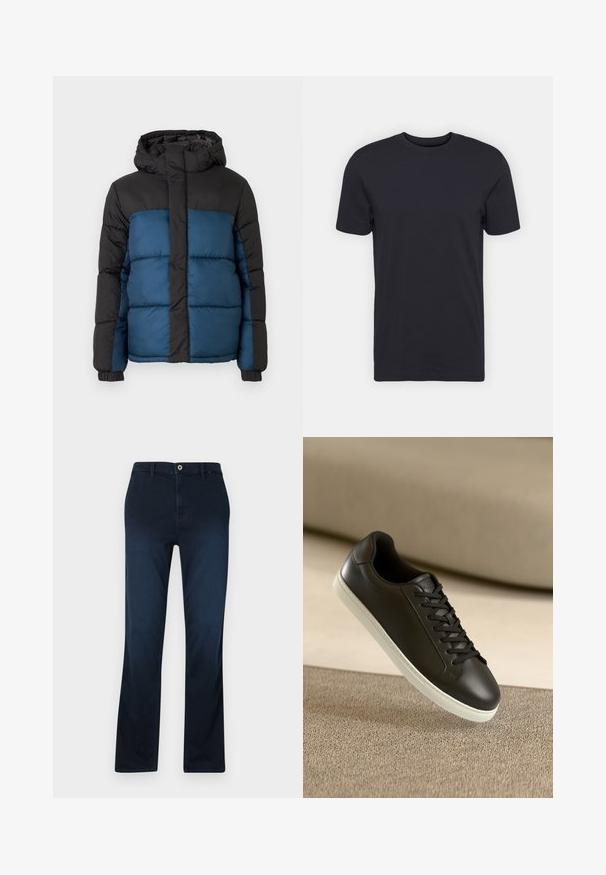 Pufota jaka ar melnu kapuci un augšējo daļu, kas aprīkota ar zilu apakšējo daļu. Dizainu veido horizontāli šūti paneļi un elastīgas aproces.; Melnas kokvilnas T-krekls, īsas piedurknes, apaļa izgriezuma kakla, viendabīga krāsa, viegla auduma, gluda tekstūra, bez redzamām rakstām vai grafikas.; Navy zilas taisnas bikses, izgatavotas no denima, ar rāvējslēdzēja aizdari, jostas cilpām un vienu priekšējo kabatu ar kontrastējošiem šuvju akcentiem.; Melnas ādas sporta kurpes ar baltu gumijas zoli un melnām auklām, novietotas uz bēša auduma virsmas un fona.