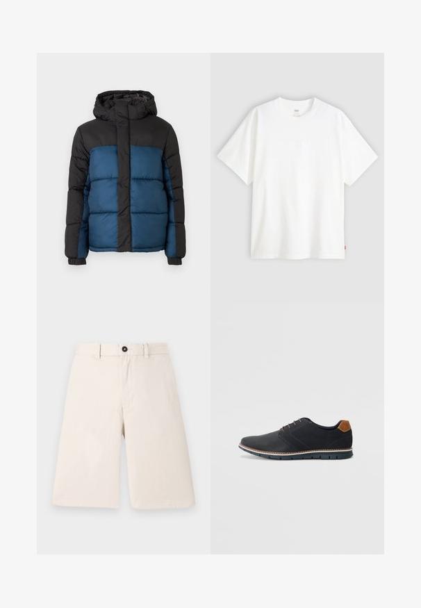 Padded jacket with a black hood and upper section, featuring a blue lower section. The design includes horizontal stitched panels and elastic cuffs.; White short-sleeve t-shirt made of cotton with a crew neck. Features subtle embossed logo detail on the front and a red label at the hem.; Beige cotton shorts with a straight-cut design, featuring a button closure and belt loops. Smooth texture with no patterns or accents.; Black synthetic shoes with a textured upper, smooth accents, brown heel, and a contrasting sole. Features minimal lacing and stitch details.