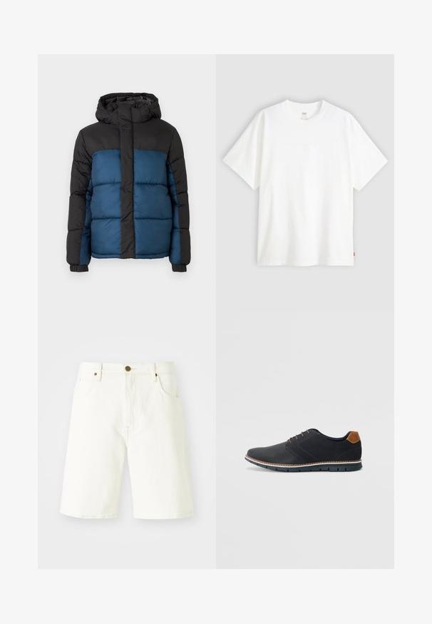Padded jakna s crnom kapuljačom i gornjim delom, sa plavim donjim delom. Dizajn uključuje horizontalne šivane panele i elastične manžete.; Bijela kratka majica od pamuka s okruglim izrezom. Sadrži suptilni reljefni logo detalj sprijeda i crvenu oznaku na rubu.; Bijele traperice kratke hlače ravnog kroja, klasičnog dizajna s pet džepova i zatvaranjem na bakreni gumb. Glatka tekstura i obrubljeni rubovi.; Crne sintetičke cipele s teksturiranim gornjim dijelom, glatkim akcentima, smešnim petom i kontrastnom potplatom. Imaju minimalne vezice i detalje šivanja.