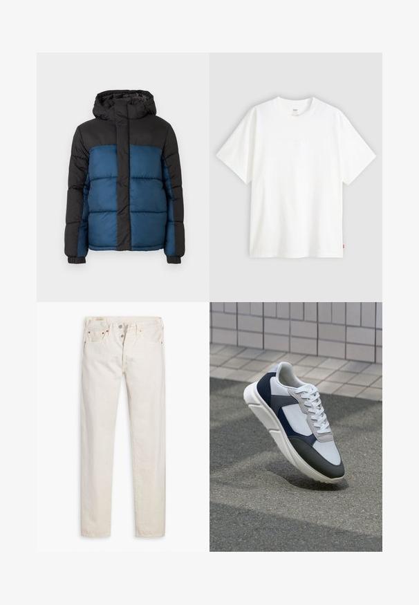 Chaqueta acolchada con capucha negra y sección superior, presentando una sección inferior azul. El diseño incluye paneles cosidos horizontalmente y puños elásticos.; Camiseta blanca de manga corta hecha de algodón con cuello redondo. Presenta un sutil detalle de logo en relieve en la parte delantera y una etiqueta roja en el dobladillo.; Vaqueros de cintura alta de ajuste slim en color blanco roto, con cierre de botón, cinco bolsillos y remaches de cobre, dispuestos sobre un fondo blanco.; Zapatilla blanca, azul marino y gris con un diseño de materiales mixtos, que presenta una parte superior texturizada, cordones planos y una suela acolchada.